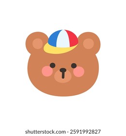 Korean Style Bear Head Cartoon with Multicolored Cap Vector Illustration
