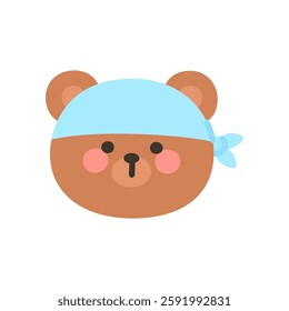 Korean Style Bear Head Cartoon with Blue Bandana Vector Illustration