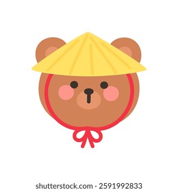 Korean Style Bear Head Cartoon with Yellow Straw Hat and Red Tie Vector Illustration