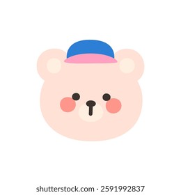 Korean Style Bear Head Cartoon with Blue and Pink Cap Vector Illustration
