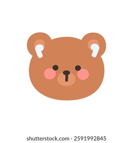 Korean Style Bear Head Cartoon with White Ear Pods Vector Illustration