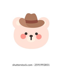 Korean Style Bear Head Cartoon with Brown Cowboy Hat Vector Illustration