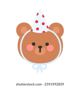 Korean Style Bear Head Cartoon with Party Hat and Red Polka Dots Vector Illustration