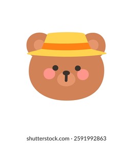 Korean Style Bear Head Cartoon with Yellow Straw Hat Vector Illustration
