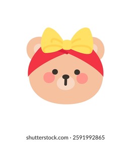 Korean Style Bear Head Cartoon with Red Headband and Yellow Bow Vector Illustration