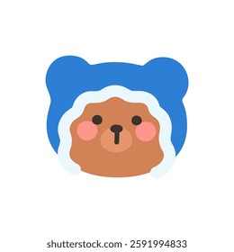 Korean Style Bear Head Cartoon with Blue and White Fluffy Hood Vector Illustration