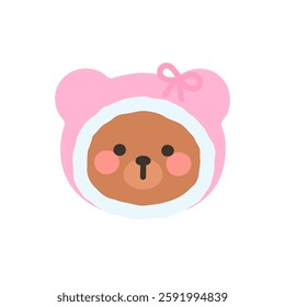 Korean Style Bear Head Cartoon with Pink Furry Bonnet Vector Illustration