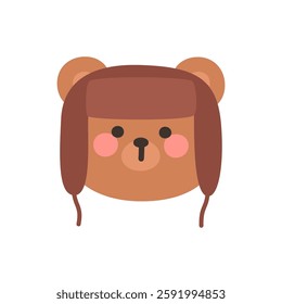 Korean Style Bear Head Cartoon with Brown Ushanka Hat Vector Illustration