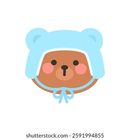 Korean Style Bear Head Cartoon with Blue Furry Hat Vector Illustration