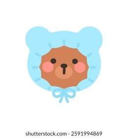 Korean Style Bear Head Cartoon with Light Blue Frilly Bonnet Vector Illustration