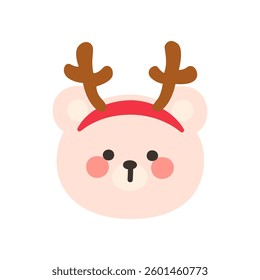 Korean Style Bear Head Cartoon with Reindeer Antler Headband Vector Illustration