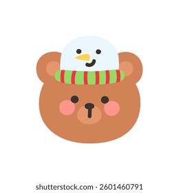 Korean Style Bear Head Cartoon with Cute Snowman Hat Vector Illustration