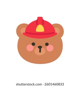 Korean Style Bear Head Cartoon with Red Firefighter Helmet Vector Illustration
