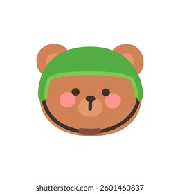 Korean Style Bear Head Cartoon with Green Soldier Helmet Vector Illustration