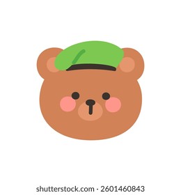 Korean Style Bear Head Cartoon with Green Military Beret Vector Illustration
