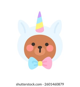 Korean Style Bear Head Cartoon with Colorful Unicorn Horn and Pastel Hood Vector Illustration