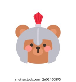 Korean Style Bear Head Cartoon with Silver Gladiator Helmet and Red Crest Vector Illustration