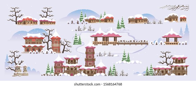 Korean style building. Beautiful houses and temples in Korean style. The scenery of Korea during the winter fall season. Various colors of winter. Vector illustration isolated on white background.