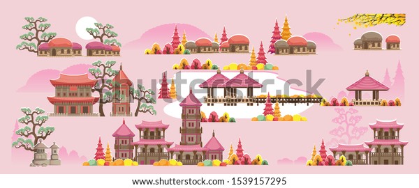 韓国風の建物 朝鮮風の美しい家や寺 秋の朝鮮の風景 秋の色 のベクター画像素材 ロイヤリティフリー