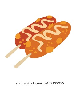 Korean style corn dog with mustard vector illustration, cartoon corndog icon isolated on white background