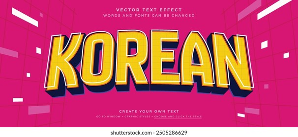 Korean style text effect on pink background, yellow and blue vector graphic style