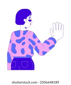 Korean stylish woman touching with hand 2D cartoon character. Young adult asian female pressing palm isolated flat vector person white background. Sunglasses brunette color spot illustration