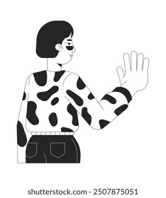 Korean stylish woman touching with hand black and white 2D line cartoon character. Adult asian female pressing palm isolated vector outline person. Glasses brunette monochromatic spot illustration