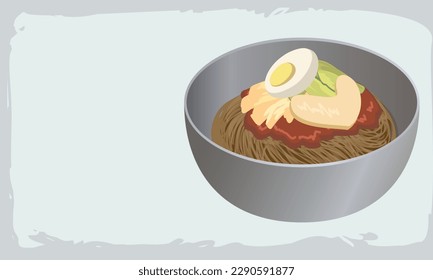 Korean summer food bibim naengmyeon cool noodles illustration vector