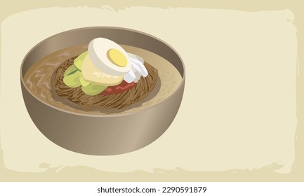 Korean summer food naengmyeon cool noodles illustration vector