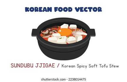 Korean Sundubu Jjigae - Korean spicy soft tofu stew flat vector design illustration, clipart cartoon style. Asian food. Korean cuisine. Korean food