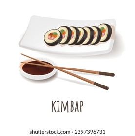 Korean sushi, kimbap seaweed rice roll filled with variety of fillings. Isolated plate with gimbap slices, chopsticks and soy sauce for dipping. Quick and flavorful snack. Vector in flat style