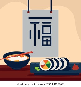 korean sushi and soup in the table