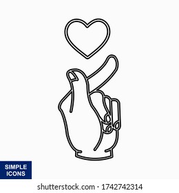 Korean symbol hand finger heart isolated on white background. K-pop hand gesture sign of love. Sign of love. Vector hand drawn illustration.  line and flat style.
