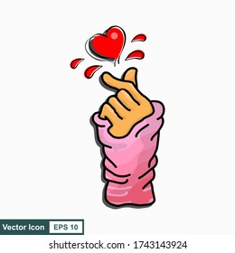 Korean symbol hand finger heart isolated on white background. K-pop hand gesture sign of love. Sign of love. , Line and flat style. Vector hand drawn illustration.