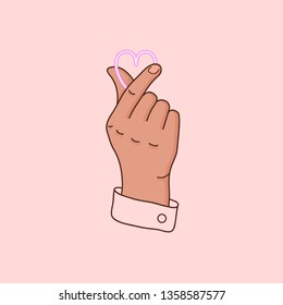 Korean symbol hand heart. Finger gesture - love you. Love sign. Vector illustration in flat style. Cute element on pink background. Can be used for web message, print t-shirt, poster, banner, postcard