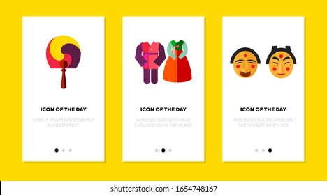 Korean symbols flat icon set. Fan, costume, mask isolated vector sign pack. Tradition and culture concept. Vector illustration symbol elements for web design and apps