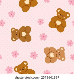 Korean teddy bear with sakura flowers on a pink pastel seamless pattern texture background with polka dots.