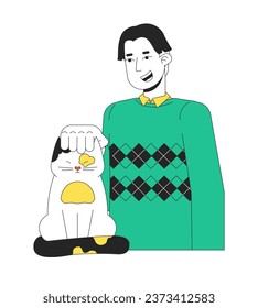 Korean teenage boy petting cat 2D linear cartoon character. Middle part bangs male asian pet owner isolated line vector person white background. Kitten being petted color flat spot illustration