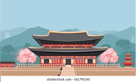 Korean Temple with mountains