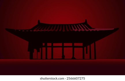 Korean temple on a red background. Vector illustration. Eps 10. For designing illustrations in the style of oriental culture and religion