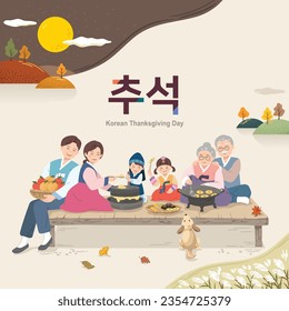 Korean Thanksgiving scene, large family wearing hanbok cooking traditional holiday food. Thanksgiving, Korean translation.