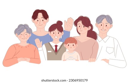 Ilustración de carácter familiar coreano de tres generaciones. Familia grande alegre y feliz.