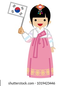 Korean Toddler Girl holding a National flag,Wearing Traditional clothing, Front view