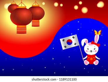 Korean tradition background banner.  Red lanterns, plush Bunny with a flag with a butterfly on the ear. Vector Illustration