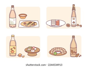 Korean traditional alcohol makgeolli and side food. Makgeolli made with various ingredients and food that goes well with alcohol.