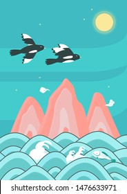 Korean traditional animal drawing. Flying magpie. Vector illustration.
