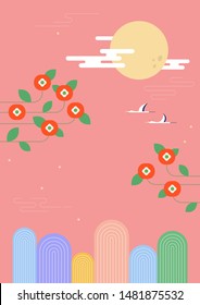 Korean traditional background. Flat cute style mid autumn illustration.