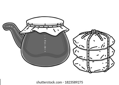 Korean Traditional Boiling Pot For Herbal Medicine And Herbal Medicine Potions. Vector Line Art Illustrations Set.