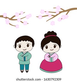 Korean traditional Chuseok celebration. Vector illustration. Kids in clothes hanbok. Asian culture. Pink sakura falling petals. Cherry blossom in spring in South Korea.