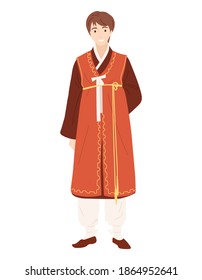 Korean traditional clothes Hanbok on smiling man. Male festive wear for holiday or wedding. Celebratory jeogori, paji and durumagi. Character in oriental costume on isolated. Vector stock illustration